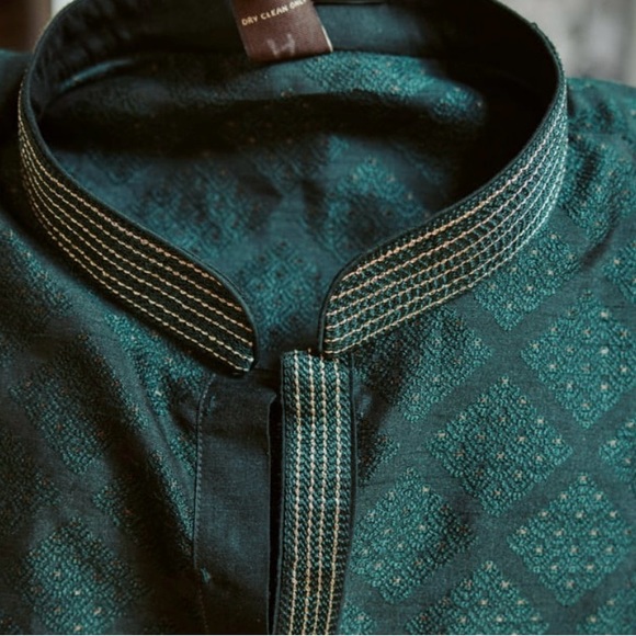 Green kurta for Indian men fancy dress wedding guest / party incl pants, dupatta - Picture 2 of 5